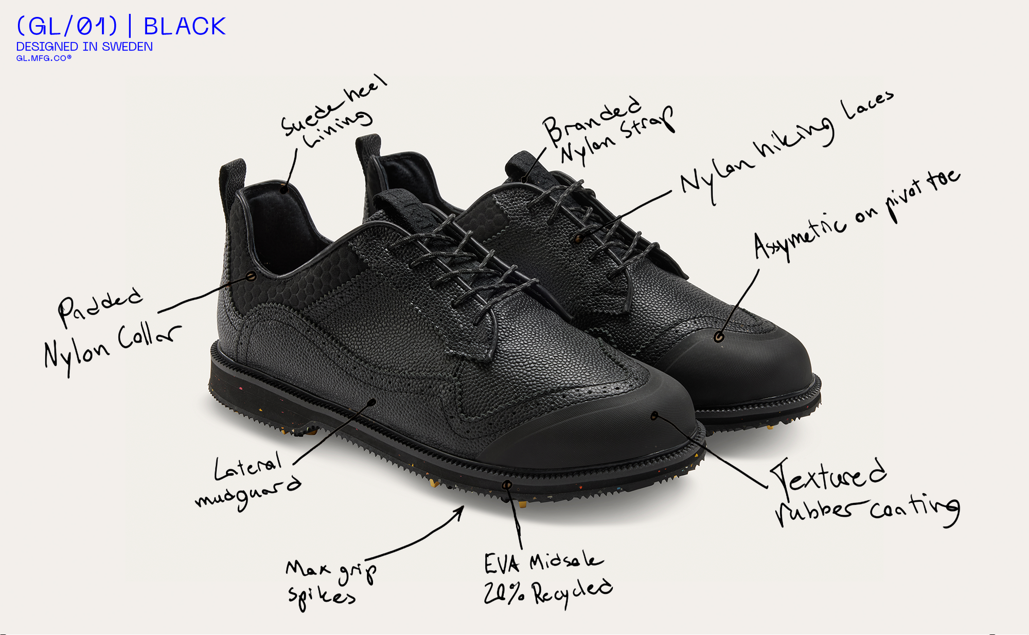 GL1 BLACK traditional classic golf shoe featuring detailed product features.